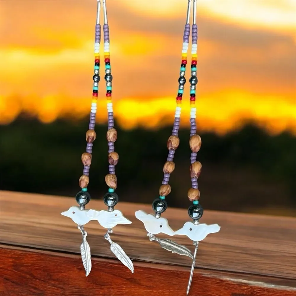 Two Native American Beaded Bird Dangle Snap Barrettes Hair New Mexico Western